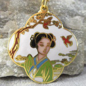 Lady with Cardinal Songbird Cloisonne Pendant Chinoiserie Necklace